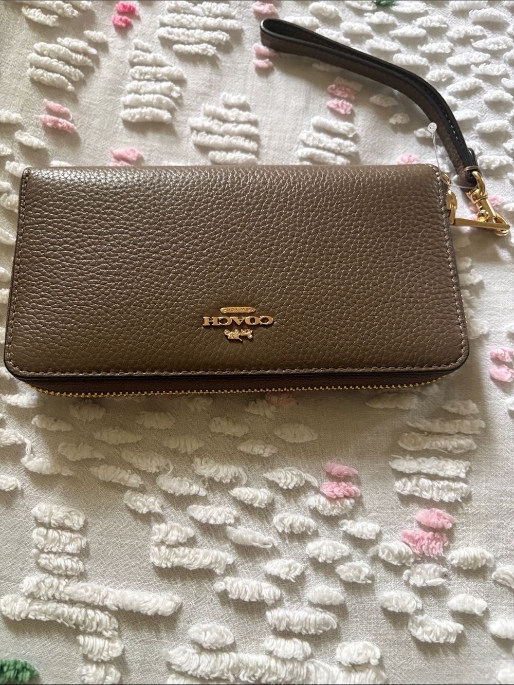 Coach Pebbled Leather Wristlet in Taupe Brown with Gold Hardware